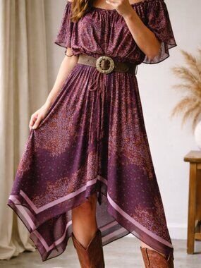 Vintage 70s Boho Floral Handkerchief Hem Dress Purple Sz 5